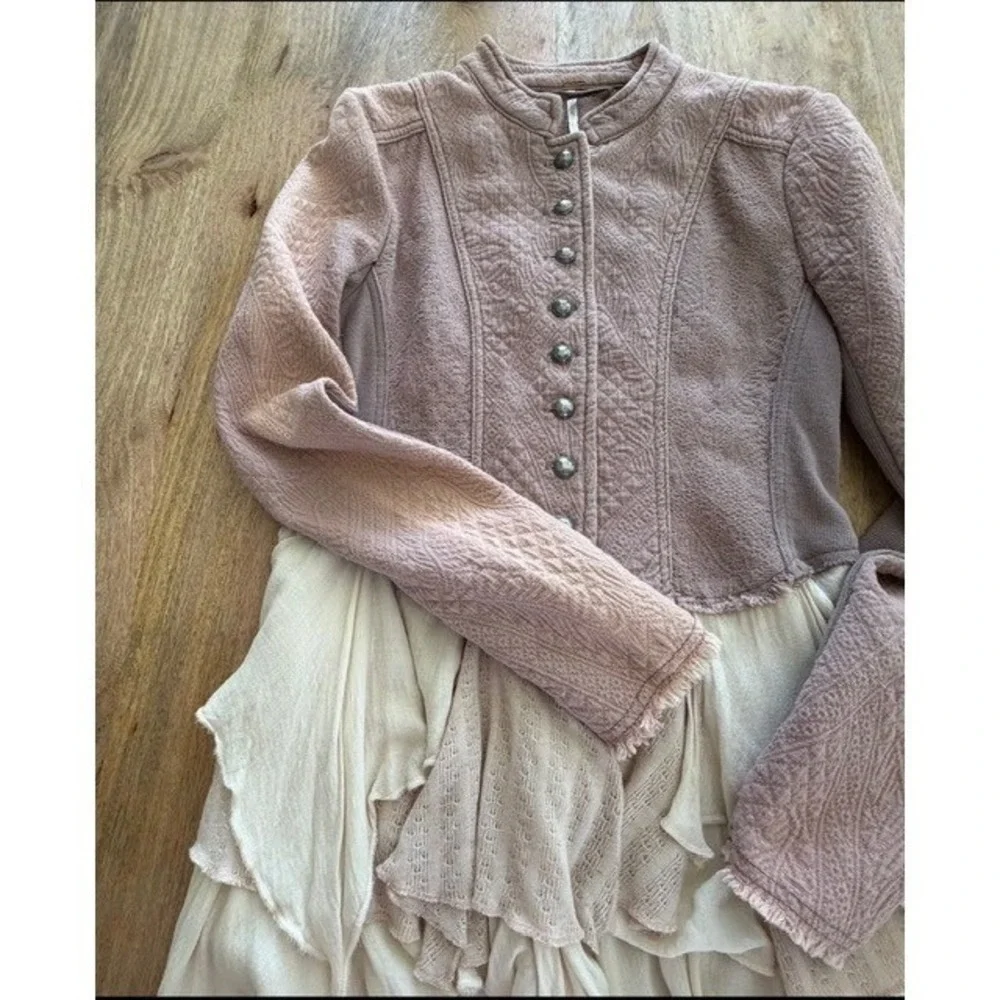 Free People Victorian Military Jacket Ruffle Mauve Steampunk Grunge Distressed 0